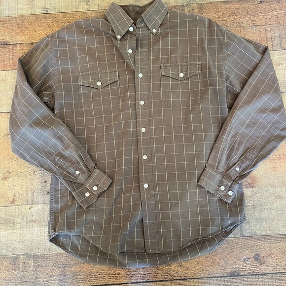 Stetson Brown White Windowpane Western Shirt Button Front Two Pocket Medium - Picture 5 of 7